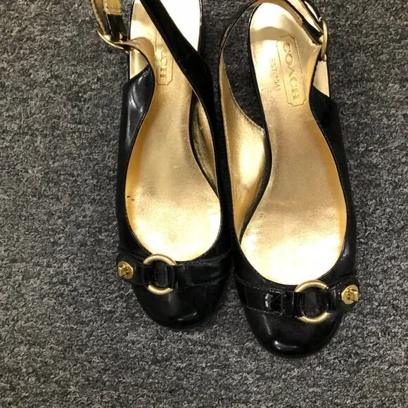 Coach Patent Leather Octava Low Heels Slingback Turnlock Black Size 7.5 - Picture 8 of 14